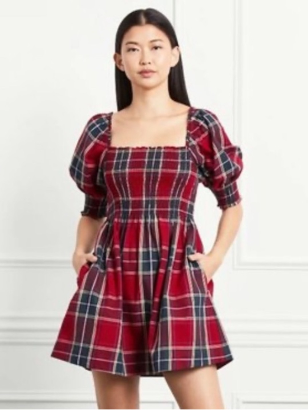 Hill House Athena Dress Red Tartan Plaid Smocked Puff Sleeve Cotton Mini Dress